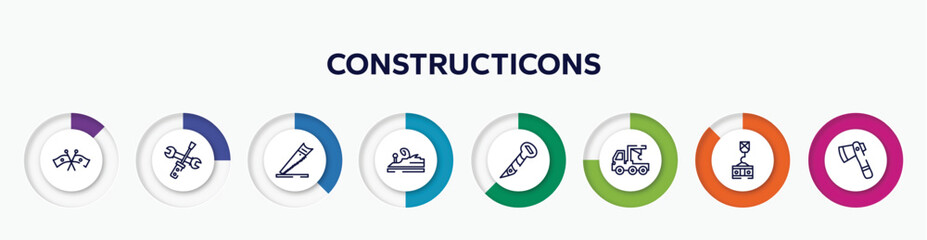 infographic element with constructicons outline icons. included flags crossed, screwdriver and doble wrench, wood saw, wood brush tool, screw hand drawn tool, truck with crane, crane holding