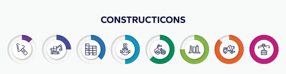 infographic element with constructicons outline icons. included construction palette, digger, constructing a brick wall, anchor navigational tool, roller hine of construction, building hand drawn