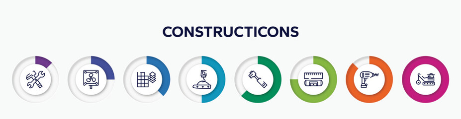 infographic element with constructicons outline icons. included work tools cross, vent, tiles detail of construction, crane hand drawn tool, tool diagonal, rule and level, drill, derrick with ball