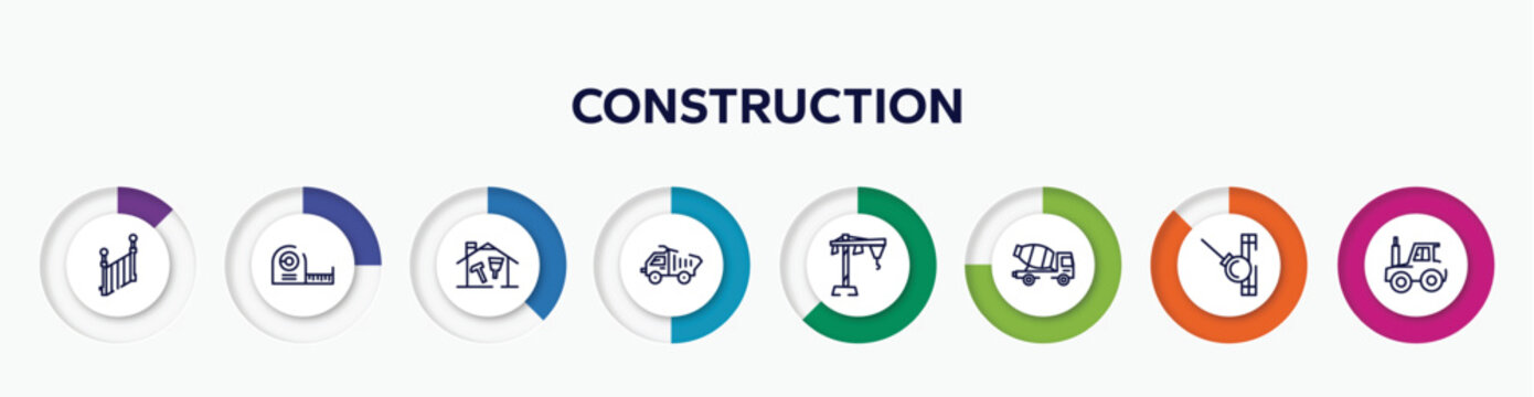 Infographic Element With Construction Outline Icons. Included Stairs Side View, Measuring Tape, Home Repair, Construction Materials Transport, Construction Hand Drawn Sketch, Concrete Truck,