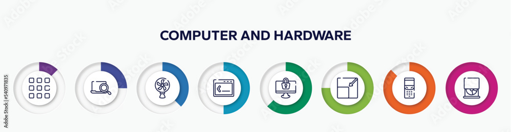 Poster infographic element with computer and hardware outline icons. included nine squares, computer search
