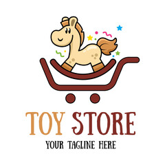Cute funny wooden rocking horse toy mascot or logo. Toy store sign.