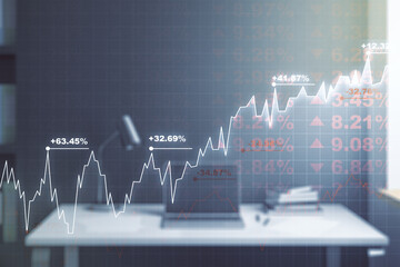 Multi exposure of abstract financial diagram and modern desk with computer on background, banking and accounting concept