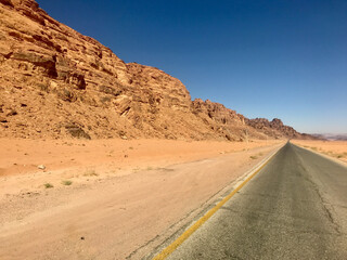 Fototapeta na wymiar Wadi Rum, Jordan, November 2019 - A close up of a desert road