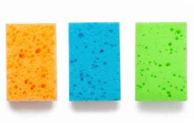 Three kitchen washcloths of different colors on a white isolated background. Orange blue and green washcloths. The concept of house cleaning and cleanliness of dishes. Everyday dishwashing tool