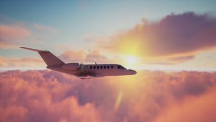 Fototapeta na wymiar Private jet airplane flying above dramatic clouds, 3d render