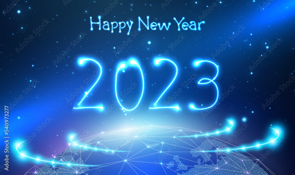 Aufkleber futuristic new year 2023 vector holiday in space background with glowing neon 2023 number. digital g