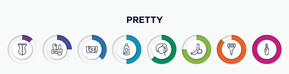 infographic element with pretty outline icons. included cor, two nail polish, makeup purse, ointment, beauty treatment, pedicure, women razor, lipstick with cover vector.
