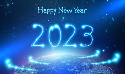 Futuristic New Year 2023 vector holiday in space background with glowing neon 2023 number. Digital global futuristic world telecommunication network technology connect data. Vector illustration EPS10