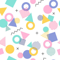 Abstract memphis background. Seamless pattern. Isolated white background. Colorful pattern from geometric shapes in Memphis style. Cartoon background.