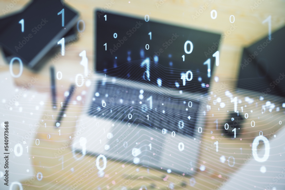 Poster creative concept of binary code illustration on modern laptop background. big data and coding concep