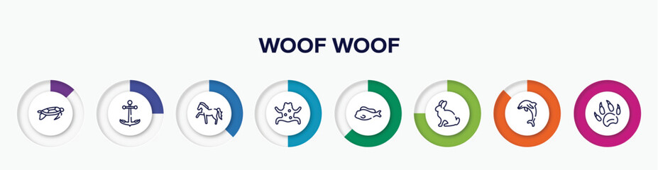 infographic element with woof woof outline icons. included swimming turtle, boat anchor, horse with leg up, tropical frop, tropical fish, sitting rabbit, jumping dolphin, animal paw print vector.