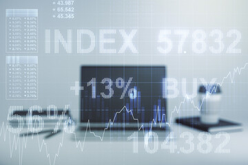 Multi exposure of abstract creative financial graph on modern computer background, forex and investment concept