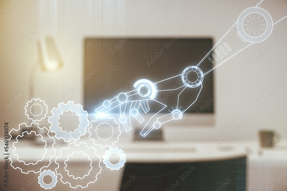 Aufkleber double exposure of robotics technology hologram on laptop background. research and development softw
