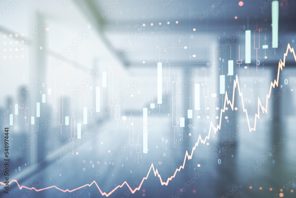 Poster multi exposure of virtual creative financial chart hologram on empty modern office background, resea