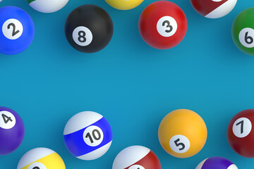 Strewn billiard balls. Game for leisure. Sports equipment. Copy space. Top view. 3d render