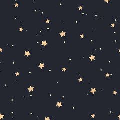 A pattern in the starry sky, a hand drawing. Blue sky with yellow stars. Suitable for printing on textiles and paper. Gift wrapping and bed linen.