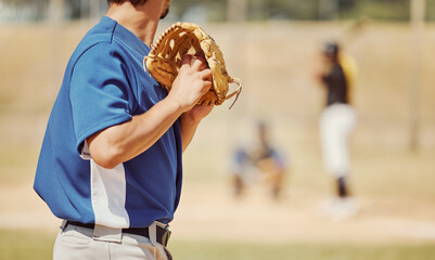 Baseball, sports and pitcher with a ball and glove to throw or pitch at a match or training. Fitness, softball and man athlete playing a game or practicing pitching with equipment on outdoor field. - obrazy, fototapety, plakaty