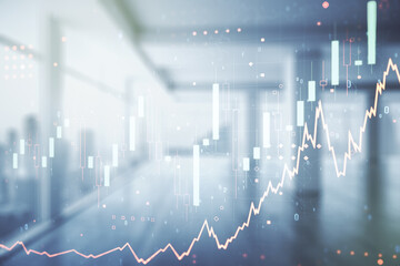 Multi exposure of virtual creative financial chart hologram on empty modern office background,...