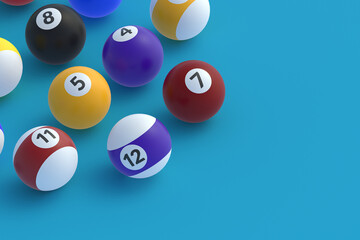 Strewn billiard balls. Game for leisure. Sports equipment. Copy space. 3d render