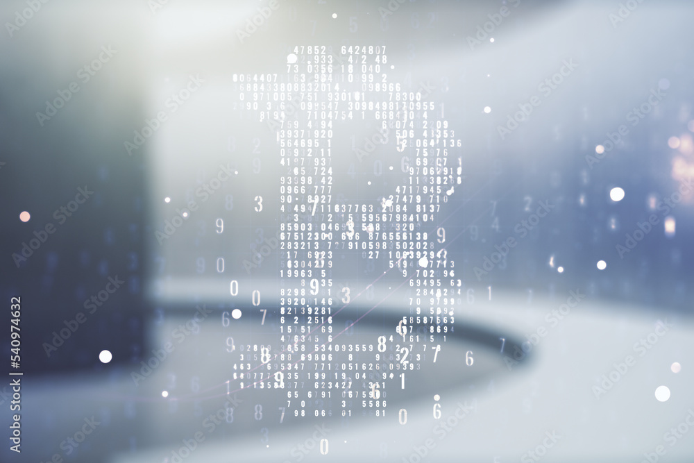 Poster Double exposure of creative Bitcoin symbol hologram on empty modern office background. Cryptocurrency concept