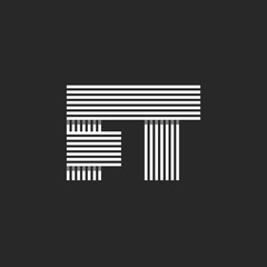 Letters Initials FT or TF logo mockup, monogram two letters F and T together, creative black and white many thin offset parallel lines identity symbol, typographic design element.
