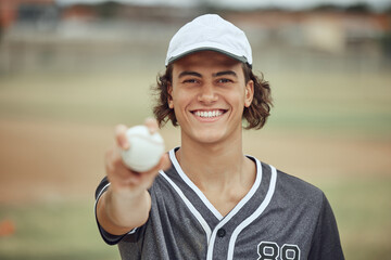 Happy baseball player, smile on face and portrait of proud smiling young man in baseball uniform...