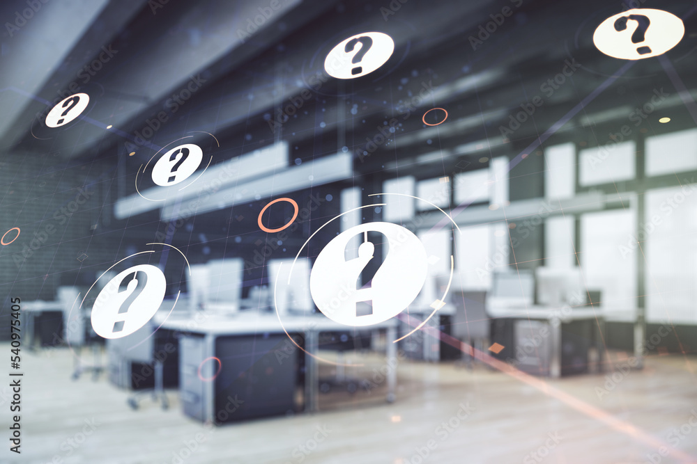 Aufkleber abstract virtual question mark illustration on a modern furnished office background. faq and search 
