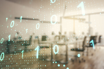 Abstract virtual binary code sketch on a modern furnished office interior background, hacking and matrix concept. Multiexposure
