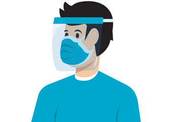 Man wearing a face shield and face mask to protect him from the coronavirus. Face shield mask for personal protection. Mask, face protection