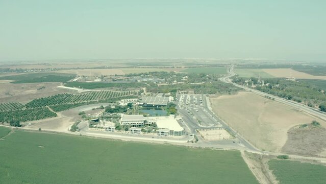 top view of banquet hall with fields around