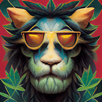 Portrait, Lion With Glasses On The Background Of Grass Leaves