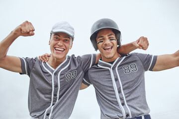 Baseball player, teamwork and celebration for win, champion and teamwork for sports game with fist gesture for winning. Athlete portrait and professional sport of softball men with positive mindset