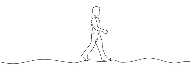 Continuous linear drawing of walking person. Vector illustration. Walking man