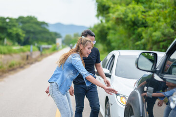 Two drivers having argument over who is guilty in car crash accident. Road safety and insurance...