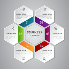 6 steps business infographic 3 d, hexagon style, Glass design, can be used for workflow layout, diagram, annual report, web design.Creative banner, label vector, Banner design.