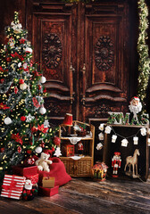 Christmas background with Christmas tree and vintage style decors