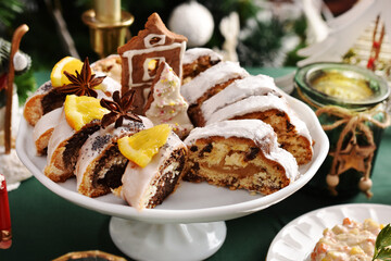 Traditional Christmas pastries on festive table