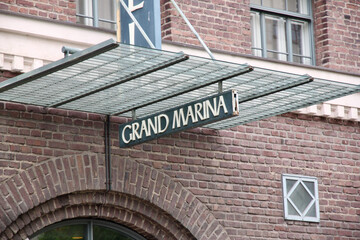 Helsinki, Finland, February 2018 - A sign on a brick building