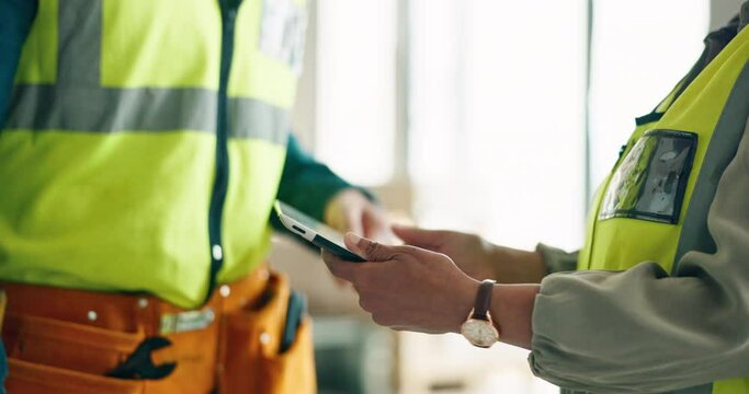 Engineer, digital tablet and construction worker team collaboration and support at a site, check online plan and strategy. Vision, design and planning workers talk project plan for innovation on tech