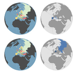 Round Globe Vector Map with European Countries highlighted (with Russia, Turkey) and Major Cities optionally mapped (see top and bottom). Any country combinations could be highlighted. Europe Map