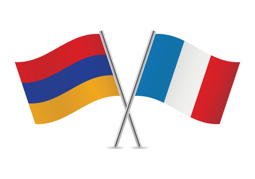 Armenia and France crossed flags. Armenian and French flags, isolated on white background. Vector icon set. Vector illustration.