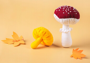 mushrooms sewn from cotton fabric. stuffed toys in the shape of a mushroom