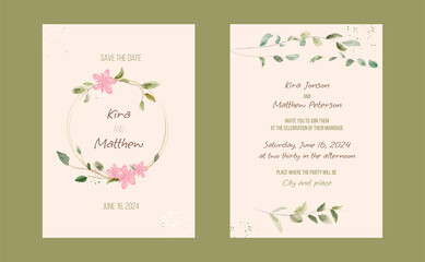 Save The Date Template. Wedding Invitation. Blossom Botanical Marriage Postcard. Floral Aquarelle Wreath Card. Flower Bridal Invite. Watercolor Greeting Decorative Set. Rustic Bridal Illustration.
