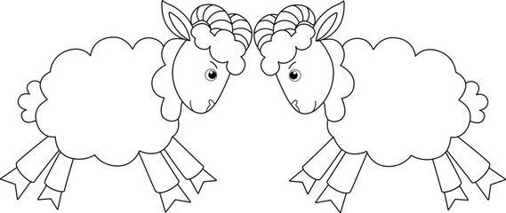 Rams butt heads, run towards each other to meet - a vector linear picture for coloring. Outline. Sheep fighting each other - picture for children's coloring book