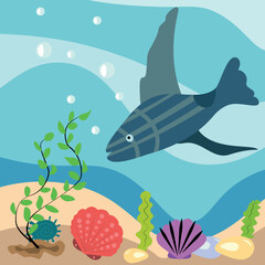 Cute sea fish swims on the bottom of the sea -vector illustration, eps