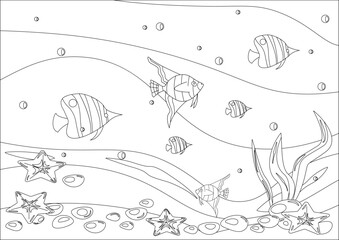 Sea bottom with fish, algae, starfish and pebbles - vector illustration. Coloring book, eps