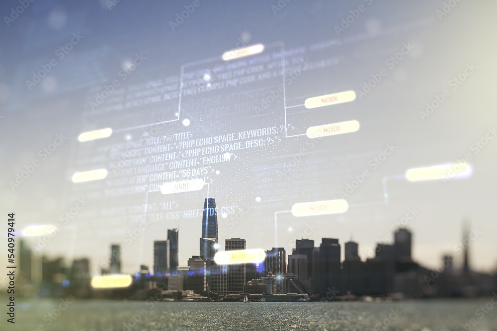 Poster abstract virtual coding concept on san francisco skyline background. multiexposure