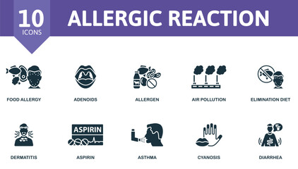 Allergic Reaction icon set. Monochrome simple Allergic Reaction icon collection. Food Allergy, Adenoids, Allergen, Air Pollution, Elimination Diet, Dermatitis, Aspirin, Asthma, Cyanosis, Diarrhea icon