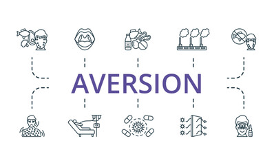 Aversion icon set. Monochrome simple Aversion icon collection. Food Allergy, Adenoids, Allergen, Air Pollution, Elimination Diet, Anaphylaxis, Chemotherapy, Antibiotic Resistant, Hepa Filter